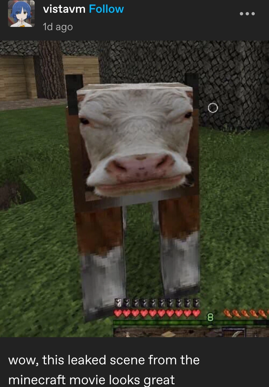 a tumblr post with a picture of a Minecraft cow with a realistic texture pack. the post reads: "wow, this leaked scene from the minecraft movie looks great"